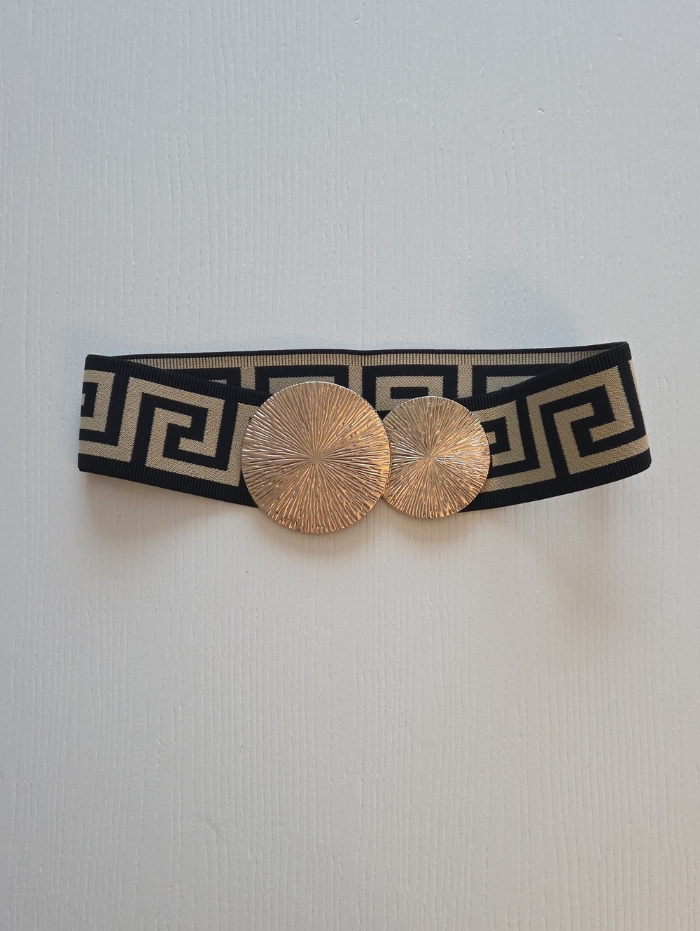 Stretchy Waist Beige And Black Belt With Gold Buckle